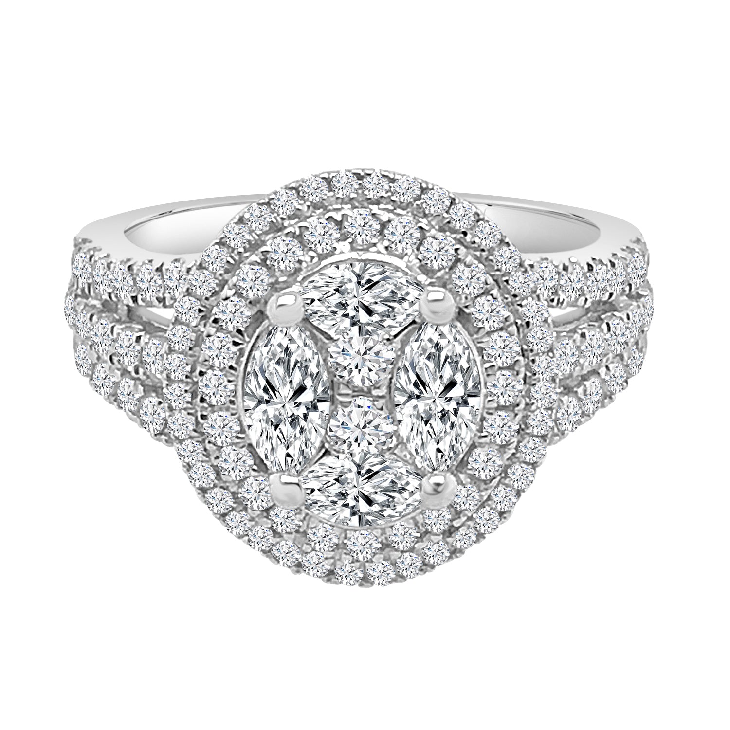 18 Karat White Gold Double Halo Mosaic Engagement Ring with 1.49 Carat Natural Diamond Center